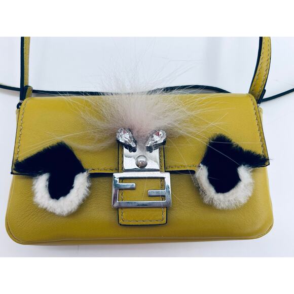 Fendi Monster Fur Micro Yellow Crossbody Leather Baguette SHW Authentic CoA - Picture 3 of 9